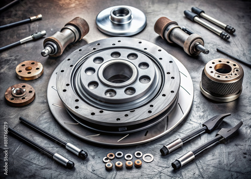 Detailed shot of a vehicle's wheel hub and brake components, showcasing a disc brake change, with tools and parts scattered around, awaiting reassembly. photo
