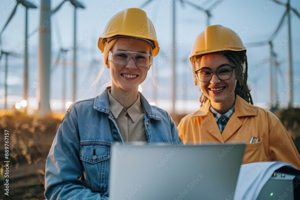 Smiling engineer with laptop near wind turbines at dusk
Smiling engineer with laptop near wind turbines at dusk
