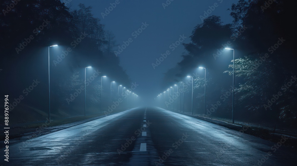 A dark, wet road with street lights lining the road. The street lights are lit up, creating a moody atmosphere A dark, wet road with street lights lining the road. The street lights are lit up, creating a moody atmosphere