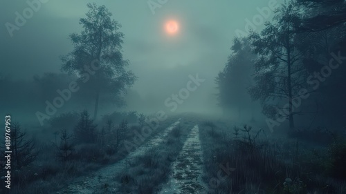 A dark forest with a road leading through it. The sky is cloudy and the sun is setting