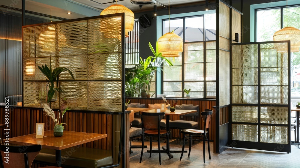 Obraz premium a chic cafe with reed glass partitions between the tables, providing a sense of privacy while maintaining an open atmosphere