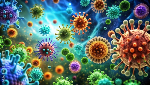 Wallpaper Mural An image of a diverse collection of bacteria and viruses under a microscope , microorganisms, microscopic, biology, pathogens Torontodigital.ca