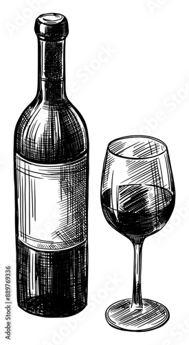 wine bottle and glass isolated hand drawn sketch illustration line art still life blank label area card design element