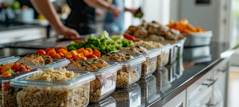 Healthy Meal Prep in Modern Kitchen with Fresh Vegetables, Chicken, and Brown Rice Healthy Meal Prep in Modern Kitchen with Fresh Vegetables, Chicken, and Brown Rice