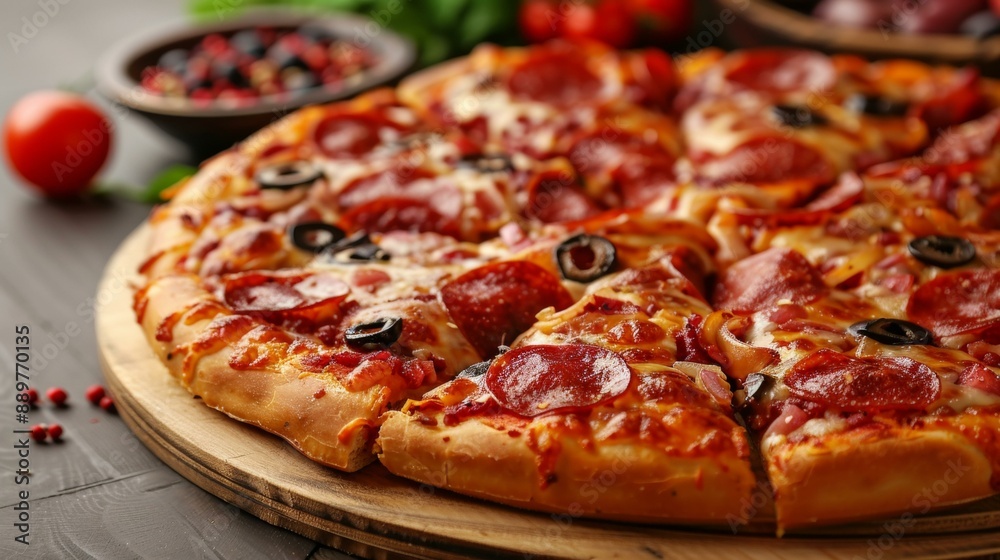Delectable homemade Italian pizza topped with pepperoni, black olives, and melted cheese, perfect for family gatherings, celebrations, and cozy evenings. Delectable homemade Italian pizza topped with pepperoni, black olives, and melted cheese, perfect for family gatherings, celebrations, and cozy evenings.