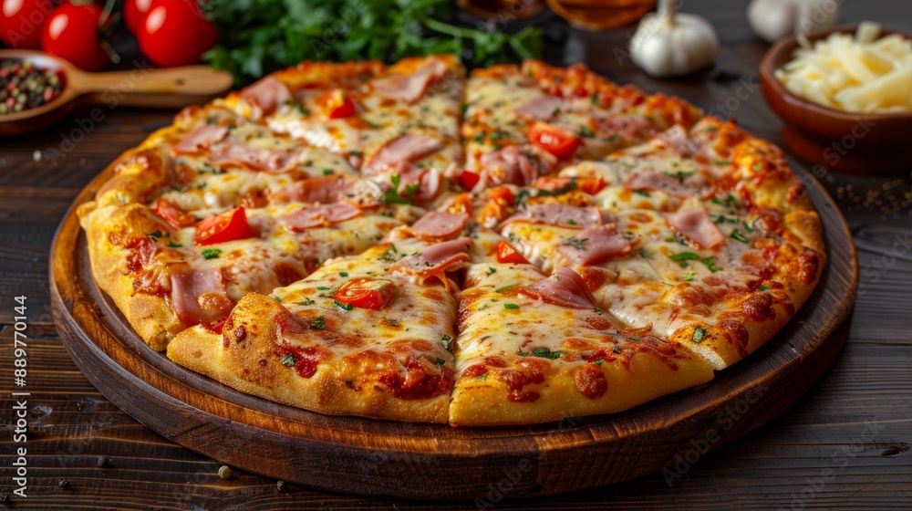 Delicious homemade Italian pizza topped with vibrant red peppers, fresh herbs, melted cheese, and savory ham, perfect for family gatherings and festive celebrations. Delicious homemade Italian pizza topped with vibrant red peppers, fresh herbs, melted cheese, and savory ham, perfect for family gatherings and festive celebrations.
