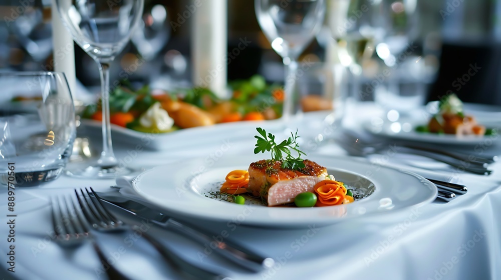 Beautifully plated gourmet dishes on a luxurious white tablecloth, highlighting culinary elegance. 32k, full ultra HD, high resolution Beautifully plated gourmet dishes on a luxurious white tablecloth, highlighting culinary elegance. 32k, full ultra HD, high resolution