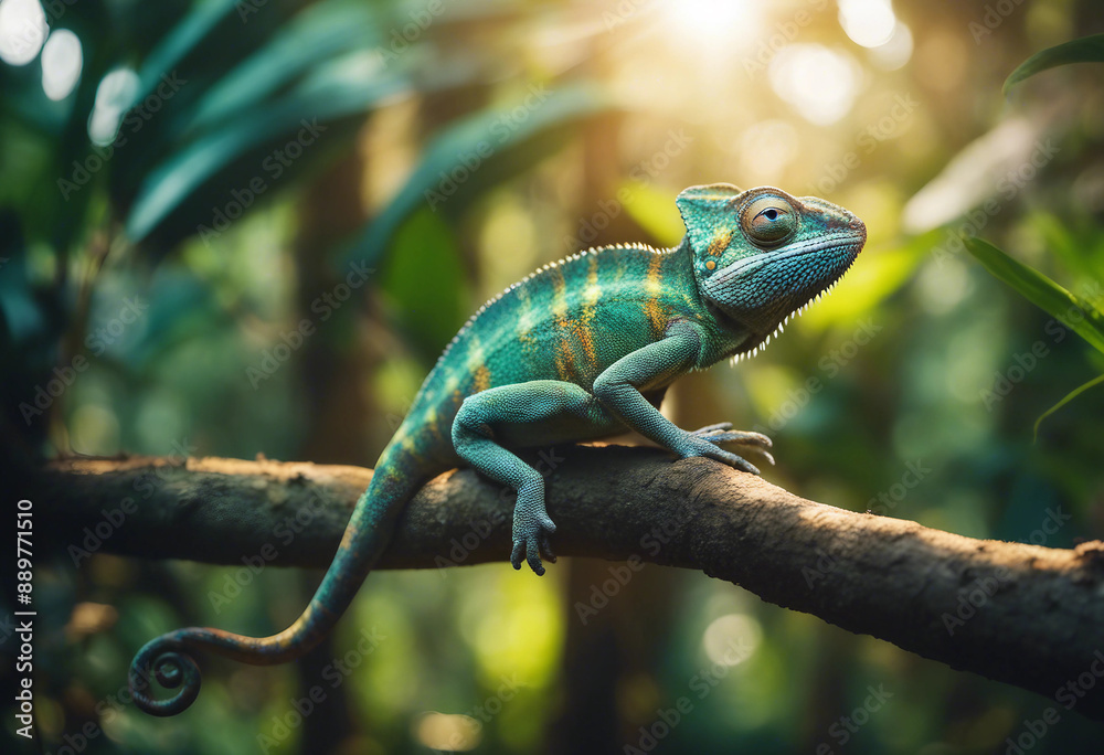 Obraz premium A chameleon blending into the vibrant foliage of a tropical rainforest, with beams of sunlight filte 