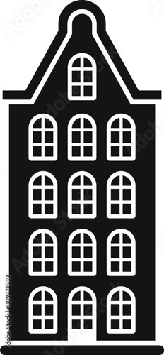 Black silhouette icon of a traditional amsterdam canal house building facade