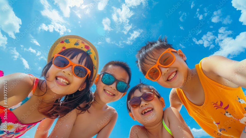 Portrait of a Japanese Asian family on holidays at the beach with beautiful blue sky and copy space
Portrait of a Japanese Asian family on holidays at the beach with beautiful blue sky and copy space