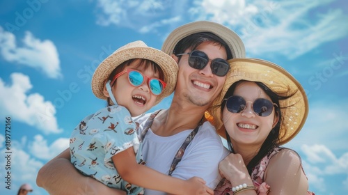 Portrait of a Japanese Asian family on holidays at the beach with beautiful blue sky and copy space
