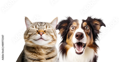 Close-up Funny Happy Smiling Cat and Dog with Closed Eyes Portrait. Isolated on White and PNG Transparent Background.