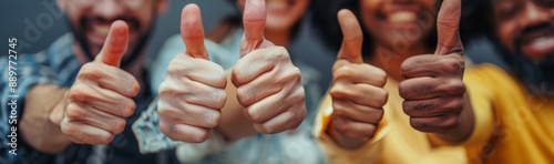 Various ethnically diverse people raising their thumbs at the camera as a gesture of recommendation or good choice. A professional multicultural team confirms satisfaction by raising their thumbs.