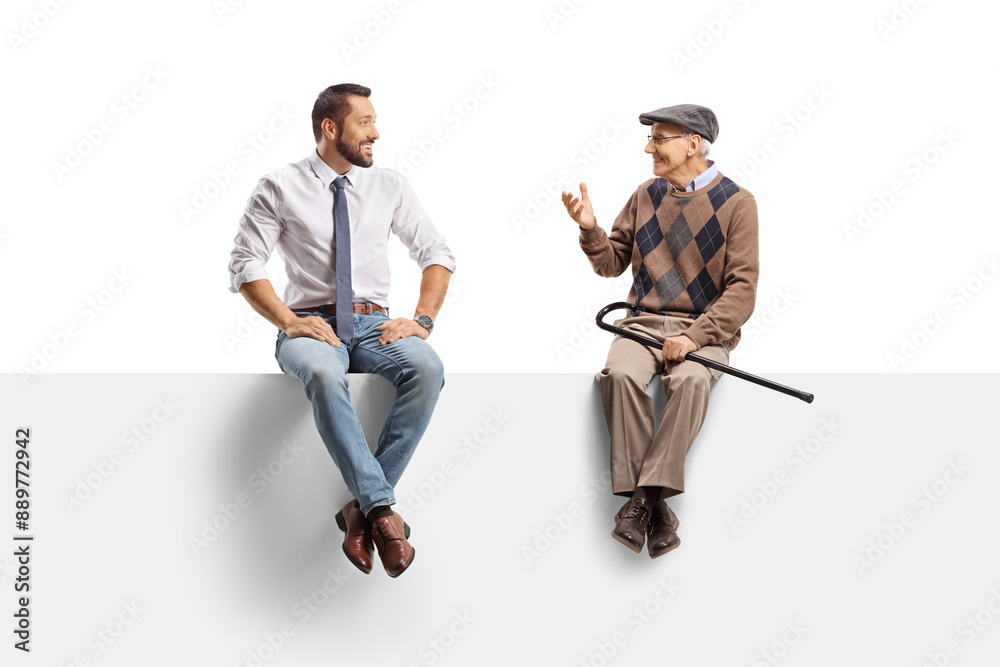 Businessman and an elderly man sitting on a panel and discussing Businessman and an elderly man sitting on a panel and discussing