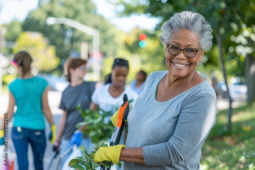 Clean up the street with a senior woman volunteer team, community service concept