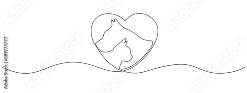 Drawing of a cat and a dog in a heart frame, drawn with one continuous line. Single line design of beautiful pet faces for veterinary clinic. Concept of love for animals. Vector editable illustration.