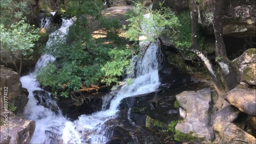 Waterfall in a mountain river divided into two parts by a stone in the center, water current, freshness of the forest, contact with nature