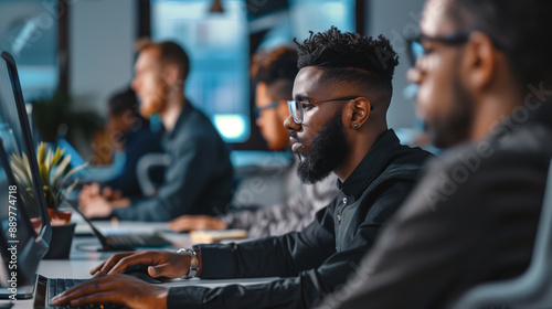 portrait of young specialist at a computer in an office against the backdrop of working colleagues.