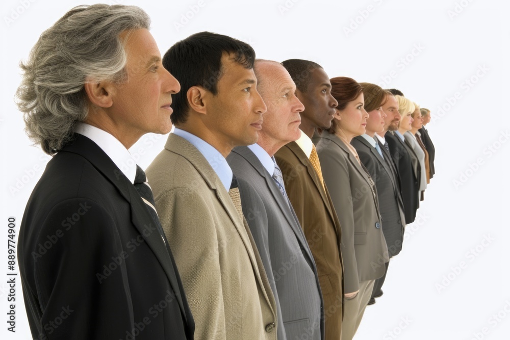 A diverse group of professionals, dressed in business attire, stand in a line, all gazing in the same direction A diverse group of professionals, dressed in business attire, stand in a line, all gazing in the same direction