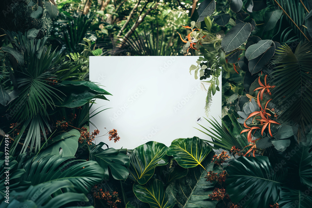 White canvas with tropical plants White canvas with tropical plants