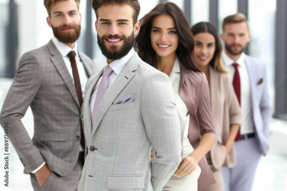 A group of five professionals, dressed in business attire, stand in a row, smiling confidently. They are likely colleagues or coworkers, and their positive energy radiates A group of five professionals, dressed in business attire, stand in a row, smiling confidently. They are likely colleagues or coworkers, and their positive energy radiates