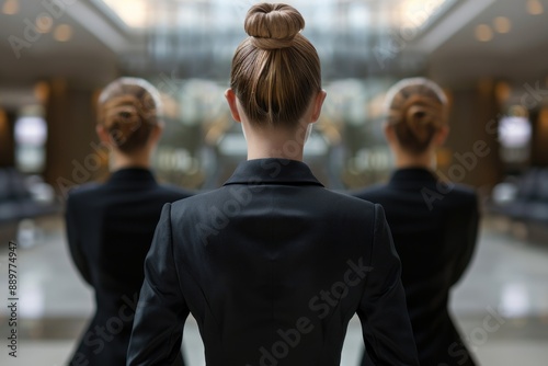 A woman in a black suit with her hair in a bun walks past a mirrored wall, creating a sense of repetition and strength