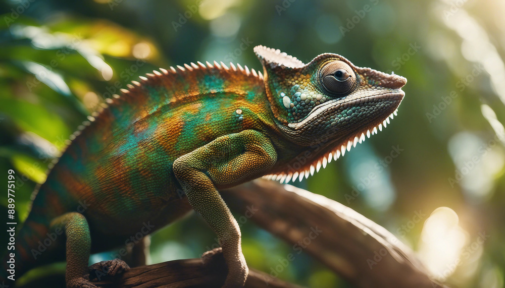 Obraz premium A chameleon blending into the vibrant foliage of a tropical rainforest, with beams of sunlight filte 