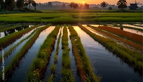 Vibrant Oil on Canvas Capturing Sunset at Serene Rice Fields Near a Quaint Village