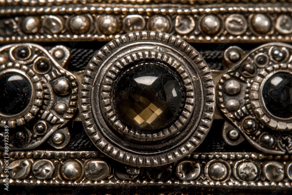 Naklejka premium A close-up view of a silver jewelry piece with intricate details and a central gemstone