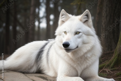 Wolf over blurry forest background