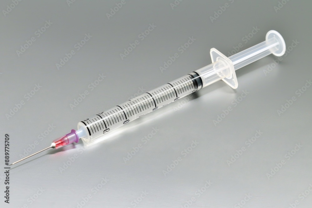 A sterile syringe lies on a smooth, silver surface, ready for its purpose A sterile syringe lies on a smooth, silver surface, ready for its purpose