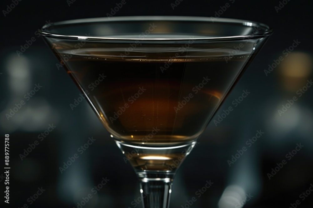 A martini glass filled with amber liquid, the surface reflecting the soft glow of surrounding lights A martini glass filled with amber liquid, the surface reflecting the soft glow of surrounding lights