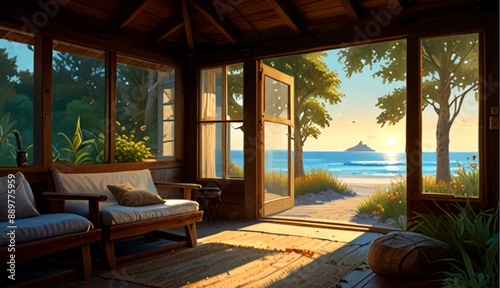 Serene Summer Cabin by the Beach in Vibrant Oil Paints, Radiating Coziness and Tranquility