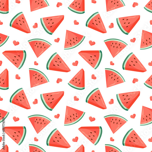 Juicy watermelon slices and small hearts seamless pattern. Summer fruit flat vector illustration. Tropical fruit background for baby fabric, kids textile, packaging, wrapping, scrapbook, wallpaper.