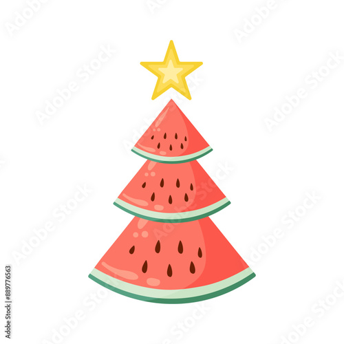 Watermelon Christmas tree for Christmas in July designs. Flat vector illustration template for summer holiday sales, typography poster, banner, sticker, shirt design,  packaging