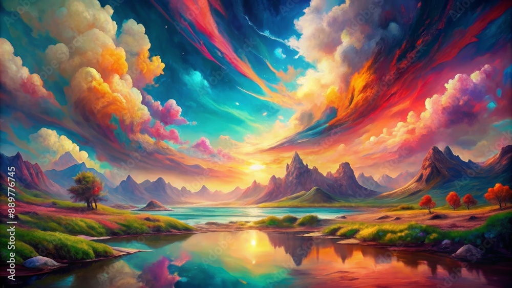 Surreal landscape painting with vibrant, unreal colors , surreal, landscape, painting, vibrant, unreal, colors