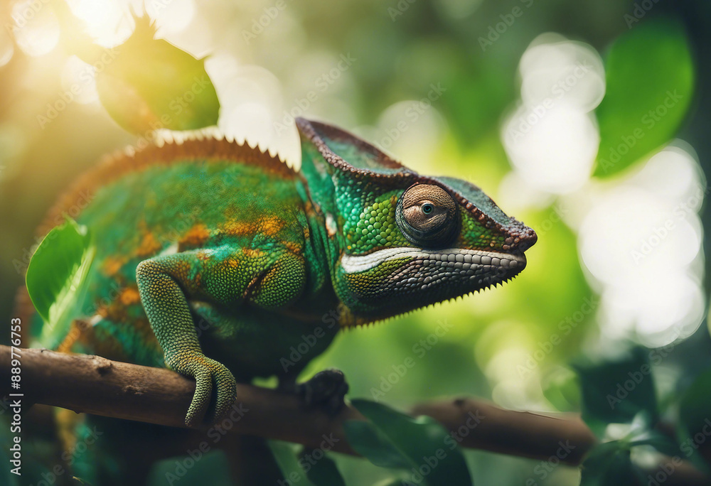 Obraz premium A chameleon blending into the vibrant foliage of a tropical rainforest, with beams of sunlight filte 