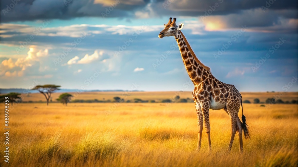 Obraz premium Tall and graceful giraffe standing in a savanna field, Wildlife, African, Safari, Tall, Neck, Spots, Grazing