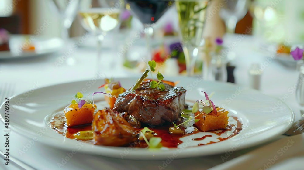 Beautifully plated gourmet dishes on a luxurious white tablecloth, highlighting culinary elegance. 32k, full ultra HD, high resolution