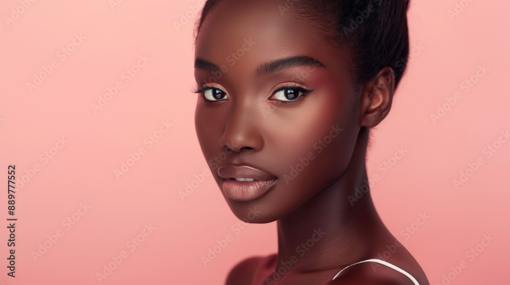 Elegant Young African Woman with Natural Makeup, Pink Background, Studio Portrait, Glowing Skin, Confident Expression, Beauty Concept, Minimalist Style, Radiant Look, Skincare Routine. Elegant Young African Woman with Natural Makeup, Pink Background, Studio Portrait, Glowing Skin, Confident Expression, Beauty Concept, Minimalist Style, Radiant Look, Skincare Routine.