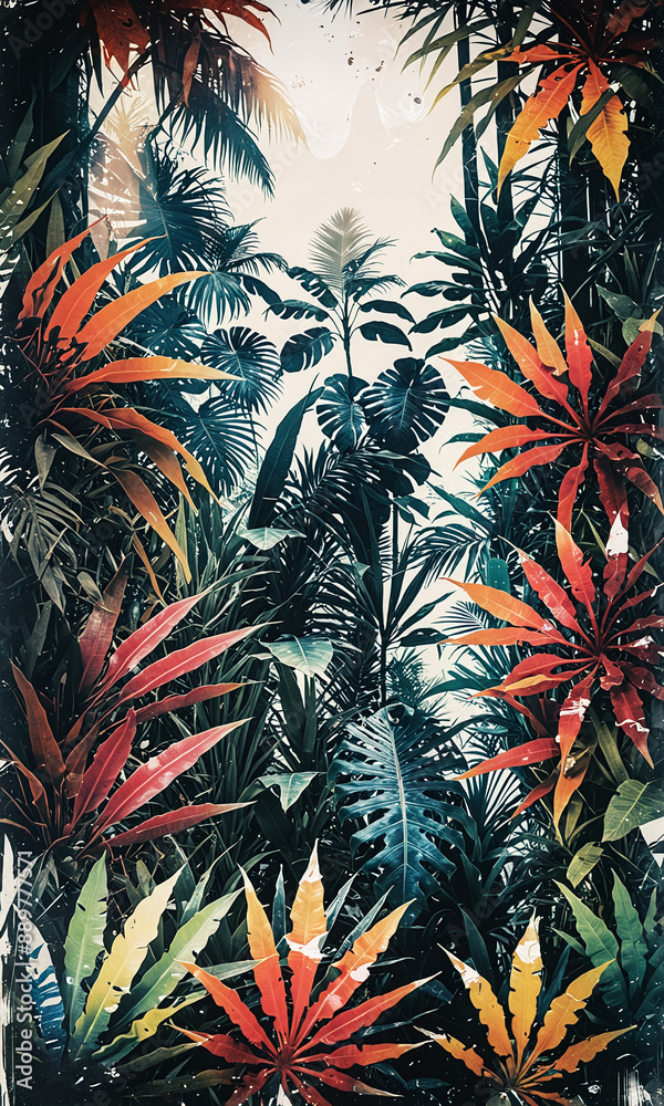 Illustrative depiction of a section of lush fresh jungle leaves and exotic trees as an exotic floral jungle pattern in contrasting and colorful colors Illustrative depiction of a section of lush fresh jungle leaves and exotic trees as an exotic floral jungle pattern in contrasting and colorful colors