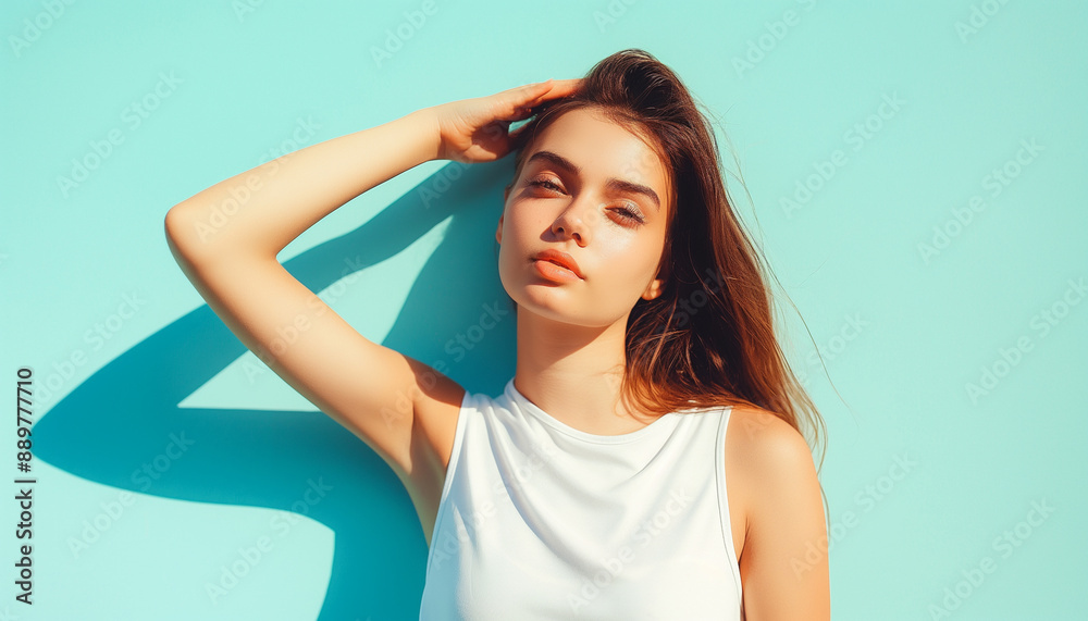 Young Woman Posing Against Turquoise Background, Summer Fashion, Casual White Tank Top, Sunlit Portrait, Relaxed Expression, Stylish Look, Modern Aesthetic, Outdoor Photography, Bright Colors.