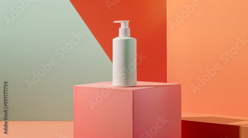 A White Shampoo, Liquid Soap Bottle Dispenser Mockup Displayed on a Pink Cube Podium Against A Vibrant Orange and Green Color Background. Geometric and Minimal. Cosmetic Beauty Product Branding.