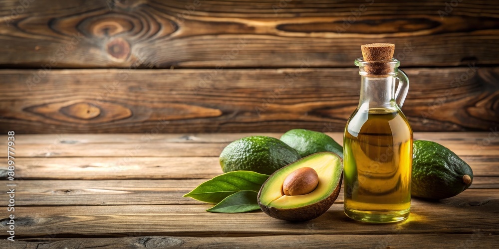 Rustic wooden table with a bottle of oil and ripe fresh avocado , oil, ripe, fresh, avocado, rustic, wooden, table Rustic wooden table with a bottle of oil and ripe fresh avocado , oil, ripe, fresh, avocado, rustic, wooden, table