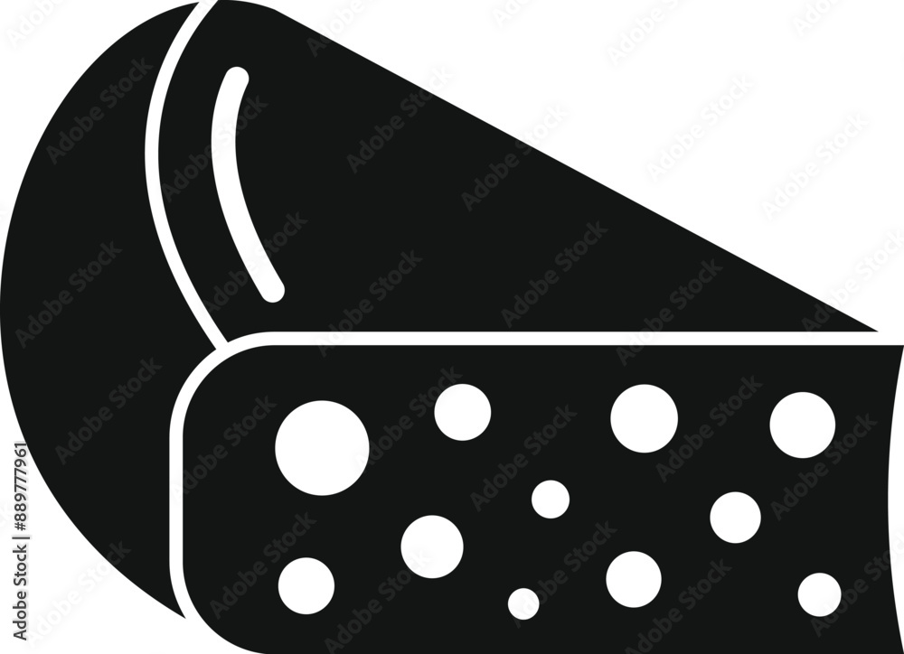 Simple black and white icon of a piece of cheese with holes, isolated on a white background
