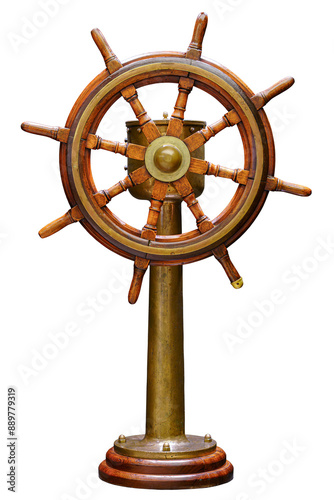 Obraz na plátně Wooden antique ship steering wheel isolated on white background