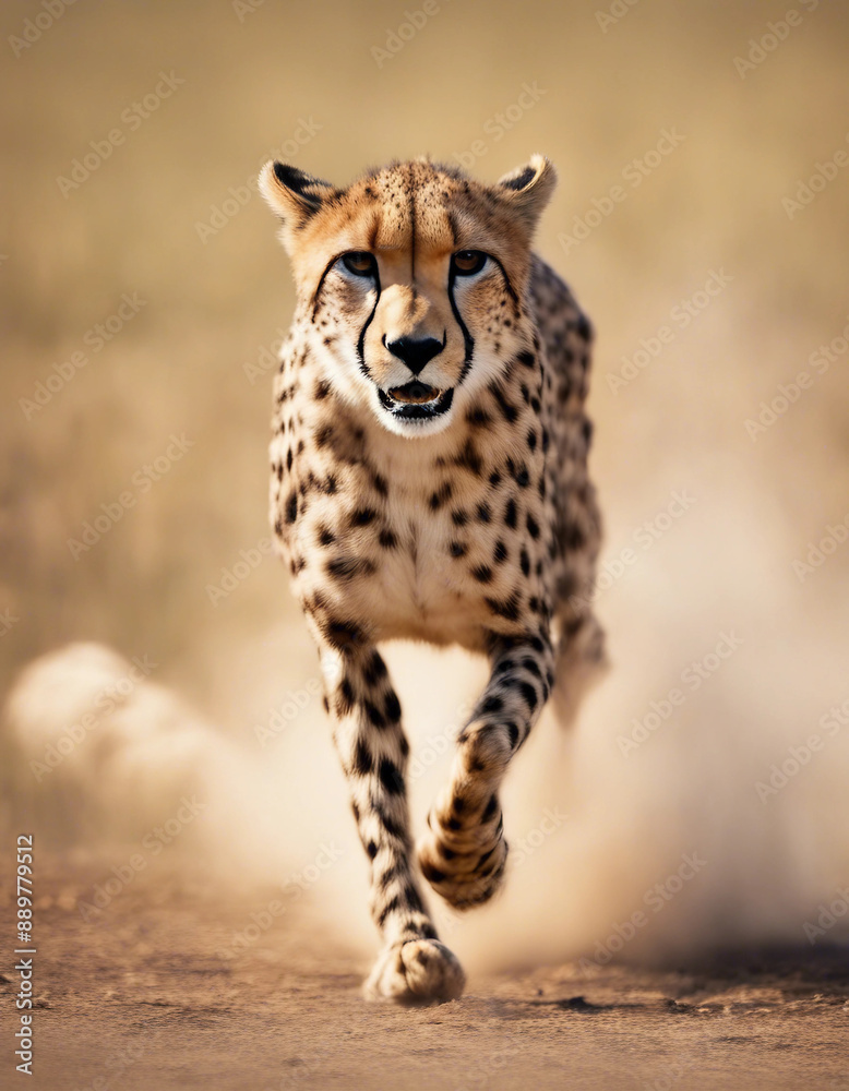 A cheetah chasing its prey at full speed across the golden plains, dust flying.
A cheetah chasing its prey at full speed across the golden plains, dust flying.