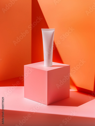 A White Skincare Cream Tube, Facial Cleanser, Sunscreen Mockup Displayed on a Pink Podium Against A Vibrant Orange Background. Geometric and Minimal. Cosmetic Beauty Product Branding.