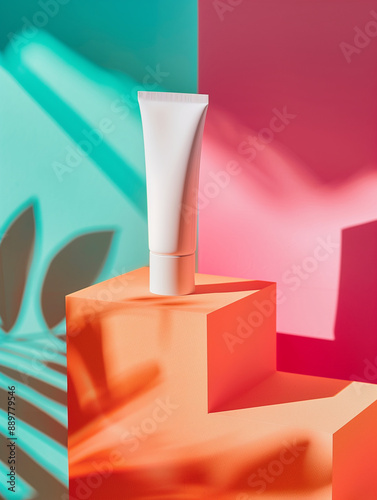 A White Skincare Cream Tube, Facial Cleanser, Sunscreen Mockup Displayed on an Orange Podium Against A Vibrant Pink and Teal Green Background. Geometric and Minimal. Cosmetic Beauty Product Branding.