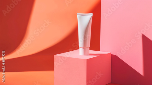 A White Skincare Cream Tube, Facial Cleanser, Sunscreen Mockup Displayed on a Pink Podium Against A Vibrant Pink and Orange Background. Geometric and Minimal. Cosmetic Beauty Product Branding.